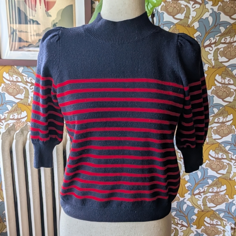 Sézane Navy and Red Breton Stripe Sweater
